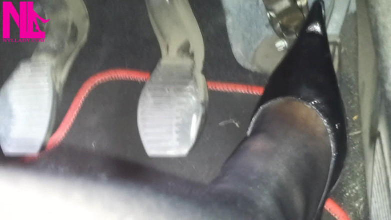 Nyllady: Sexy Speedy Driving in Patent Black Pumps and Seamed Black...