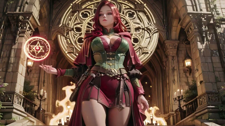 Seraphina Vale: Red Haired Sorceress Awakens! Kneeling in the Gothic Cathedral, Golden...