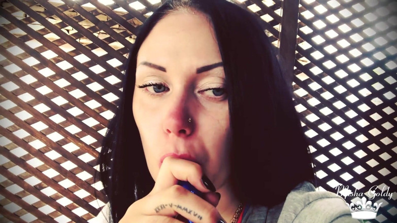 Goddess Misha Goldy: Blowing shisha smoke from itching nose and scratching it all...