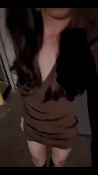 After Work, I Was Flashing by the Night Street in Glossy Tan Pantyhose and Dress