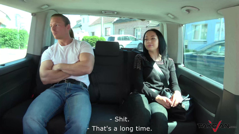 Take Van: Sad brunette celebrating life and fuck stranger in driving car