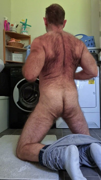 Oso peludo lavando la ropa