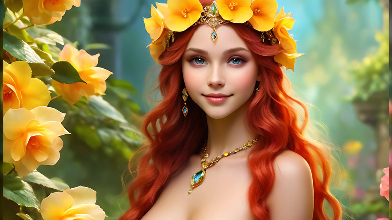 LustRender: Femeie de artă nudă care ține Begonia cu citrin galben diamant...