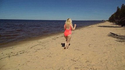 RedRoseRus: Blonde flashing pussy on the beach-pink swimsuit