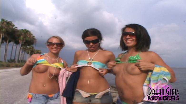 Dream Girls: 三个辣妹在公共海滩上裸体玩耍