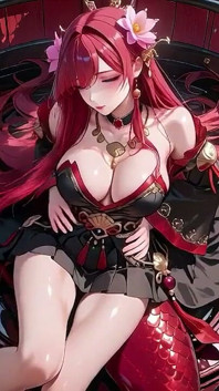 Red-haired Mermaid in Black Gown! Kneeling by the Pool, Lips & Mesmerizing Eyes.