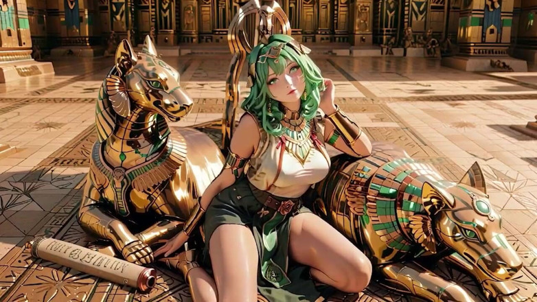 Seraphina Vale: 緑髪のエジプト女王!黄金の大広間で跪き、スフィンクスに守られている。