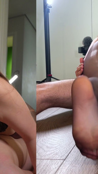Thighjob and Footjob in Sexy Shiny Pantyhose - Cum on Nylon