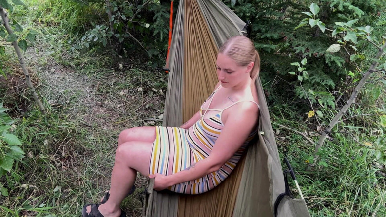 Nerdy nympho: Horny Blonde Rubs Her Wet Pussy in Busy Campground