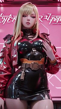 Cyber valkyrie dengan baju merah & hitam! Pose berlutut yang dingin dan menggoda berhadapan dengan latar belakang putih murni.