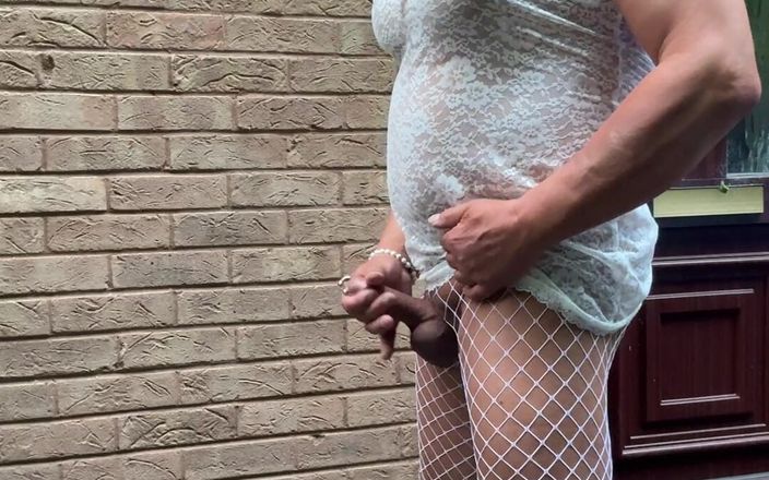 Kelly CD 2022: Sexy Crossdresser Kellycd2022 in White Lace Outfit Fishnet Pantyhose and...