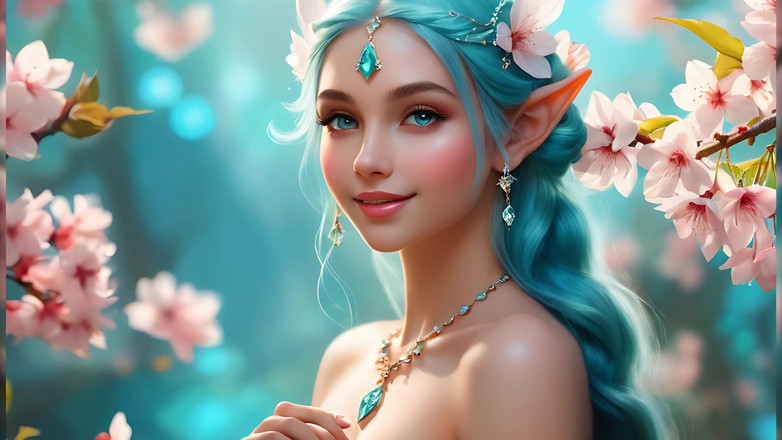 LustRender: 체리 블라썸 숲의 누드 엘프 미녀 | 마법에 걸린 판타지 슬라이드쇼