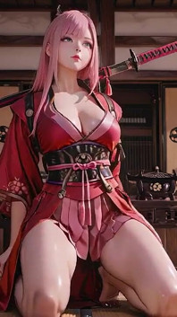 Samurai crimson! Warrior cu părul roz îngenunchează pe Tatami, kimono cu fante înalte alunecând pentru a dezvălui coapsele ca zăpada.
