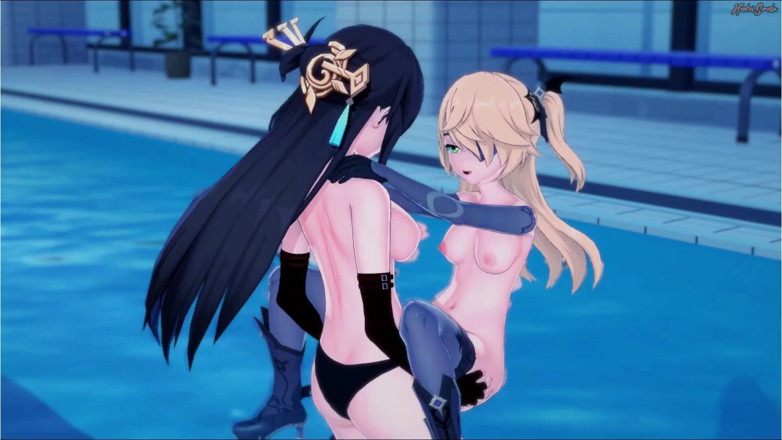 Hentai Smash: Impak Genshin - Beidou mengongkek Fischl di kolam dengan strap-on.