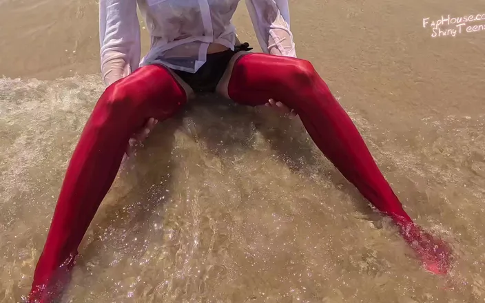 Shiny teens: 859 Shiny Red Spandex Stockings on the Beach 2