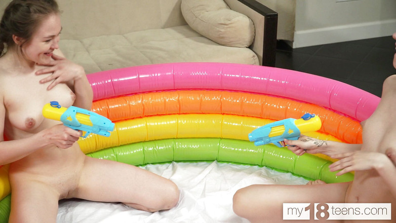 My 18 Teens: Two Pretty Lesbian Girls Play in the Pool with a...