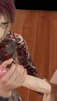 Yaoi - cara com um corpo totalmente tatuado dá um twink uma punheta e depois se esfrega contra seus peitos