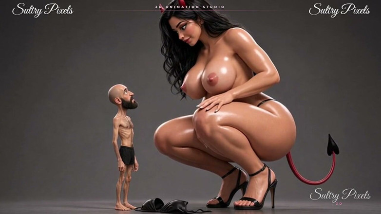Sultry Pixels 3D: Gigantische ze-duivel stript topless voor haar kleine bebaarde man - hij...