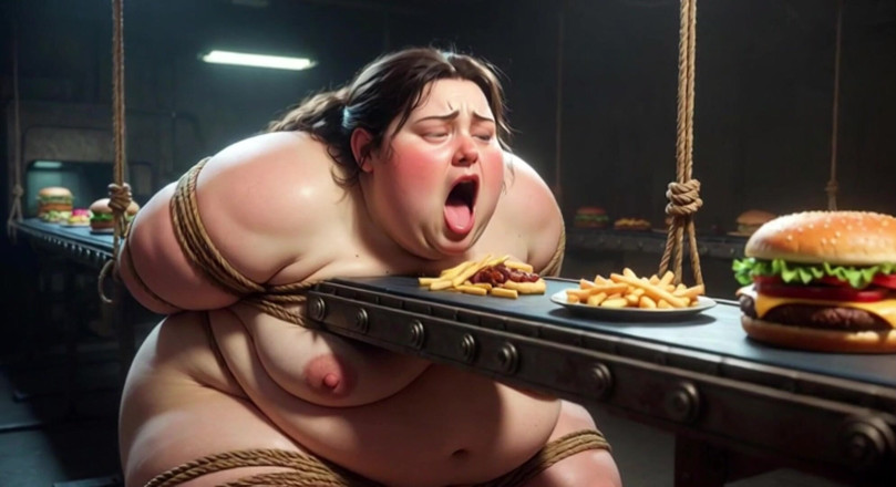 YOUR BEST FANTASY: Tied up SSBBW Eats Massive Meal While Kneeling - Belly Stuffing
