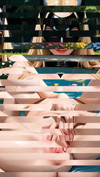 Beautiful Nude Woman Lying on Colorful Garden Pond Rubbing Her Pussy