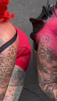 Two Horny Leather Tattoo Sluts Fuck Truck Driver at the Rest Area!