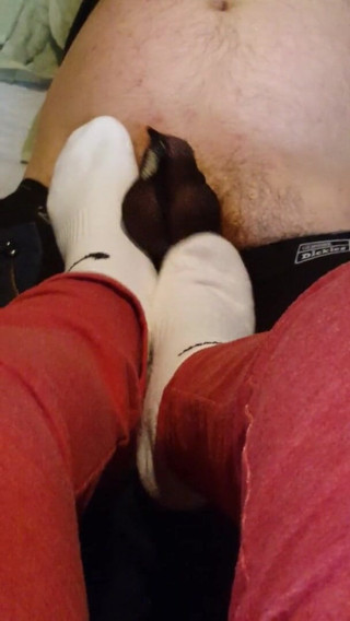 Miss Sock trampler: Stomping his cock with my white socks