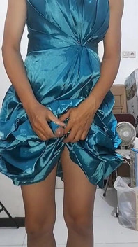 Asian Crossdresser Satin Shiny Ruffle Dress Cumshot