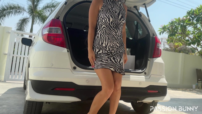 PassionBunny: Huge Pissing in Car Trunk - Desperation at Parking Lot