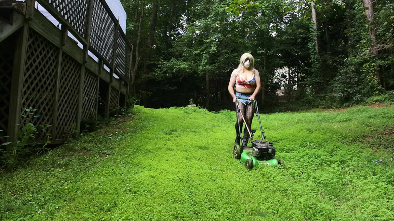 Jon Screcrow: Big Fake Tits Crossdresser in Daisy Dukes Mowing Grass