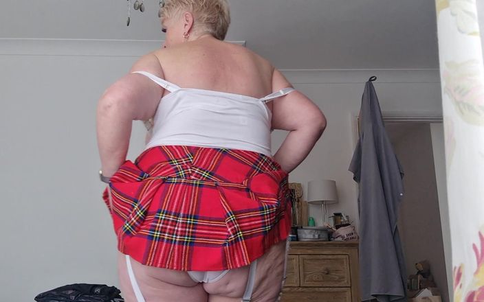 UK Joolz: Short mini tartan skirt, white panties, stockings &amp;amp; heels.