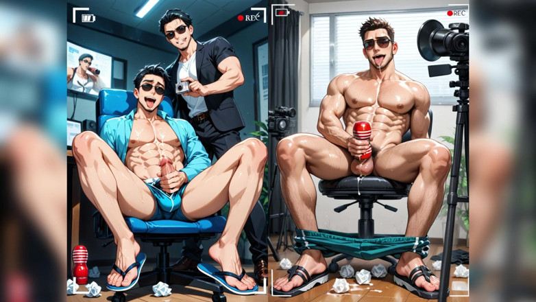 AI gay porn: 大きなチンコのイケメンがディルドでファック