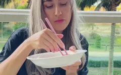 Me- Sexy Beauty Girl Model. Chopsticks and Exotic Fruits