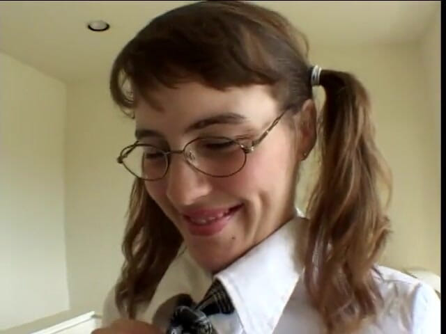 First Black Sexperience: Brunette college girl gets black cum on glasses