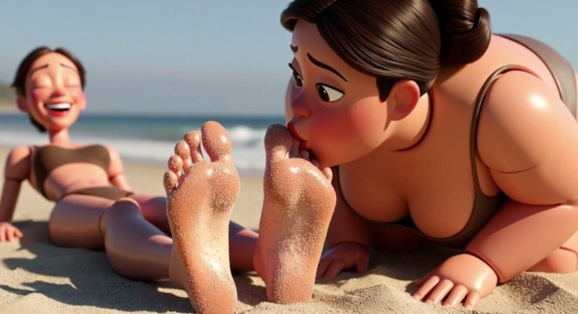 YOUR BEST FANTASY: Fat Woman Licking Sandy Feet of Skinny Girl - Beach Humiliation