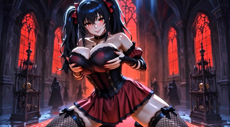 Stories&Anime: Piste hentai, séductrice vierge gothique à forte poitrine - seins énormes, jouet nu,...