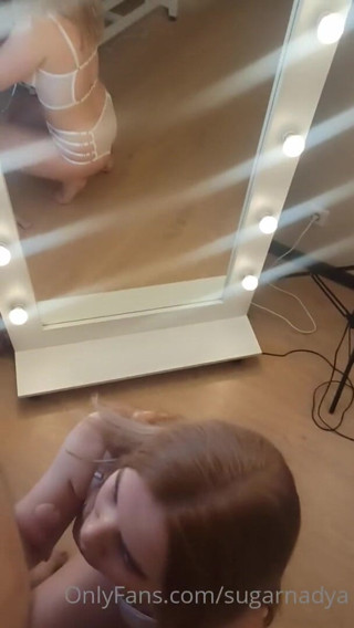 SugarNadya: Blonde in sexy lingerie caught a client near the mirror...