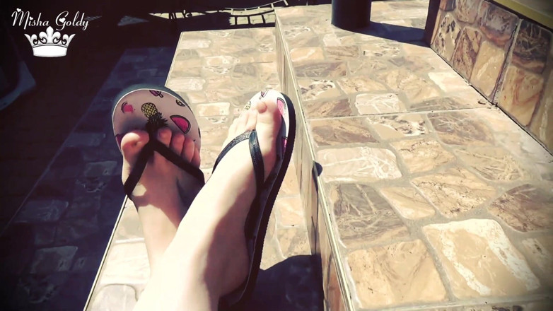 Goddess Misha Goldy: Outdoor flip flop dangle with alpha