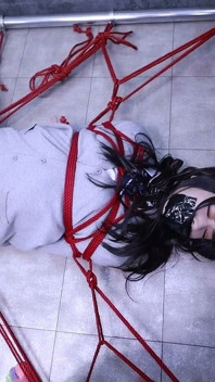 The Lovely Girlfriend Is Bound by Gloves, a Collar, and a Gag