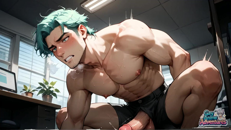 Gay Anime Adventures: The Teal-haired Muscle Lover Fills the Office Orgy Quota with...