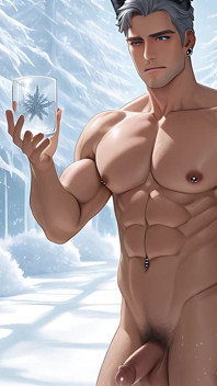 Mature Silver Fox Model Standing Nude in Glass House Winter Wonderland