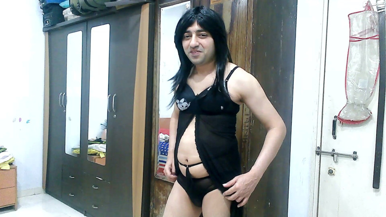 Cute & Nude Crossdresser: Sexy sissy crossdresser femboy Sweet Lollipop in hot black babydoll.