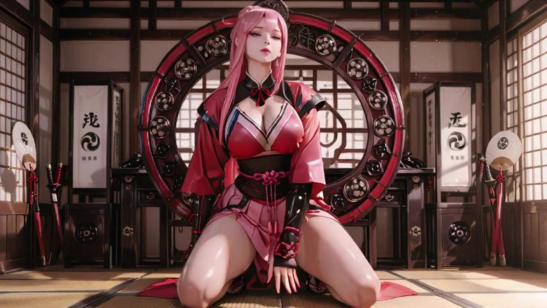 Seraphina Vale: Samurai Carmesí! Guerrero pelirroja arrodillado en tatami, Kimono resbalando para...