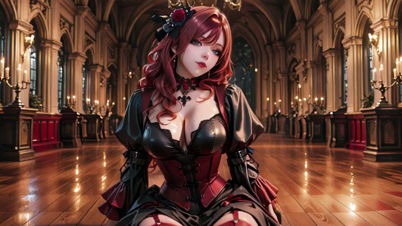 Seraphina Vale: ゴシック・レッドヘッドの女王!ろうそくの灯るホールでの豪華な戴冠式、金の杯と透けたストッキングを手にひざまずく