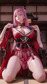 Crimson Samurai! Růžovovlasá válečnice klečí na Tatami, Vysoké štěrbině Kimono Klouzne až k odhalení zasněžených stehen.