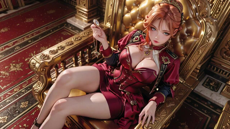 Seraphina Vale: 黄金の玉座にいる赤の女王!深いベルベットのドレス、ゆったりとしたあごの置き、そしてあなたに釘付けの視線。彼女は支配者なのか、それとも獲物なのか?