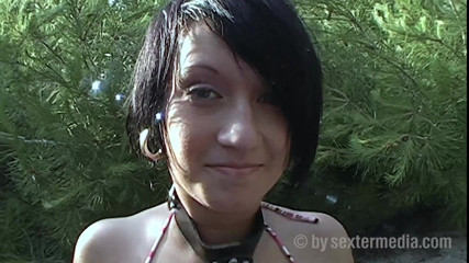 Sextermedia by Pete: Brunette Slut Riding Dildo Outdoors Before Fucked