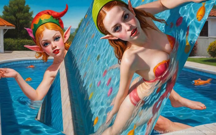 AI Girls: Fete elf goale care se joacă în piscină