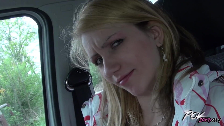 POV Bitch: Petite skinny blonde teen suck cock under steering wheel and...