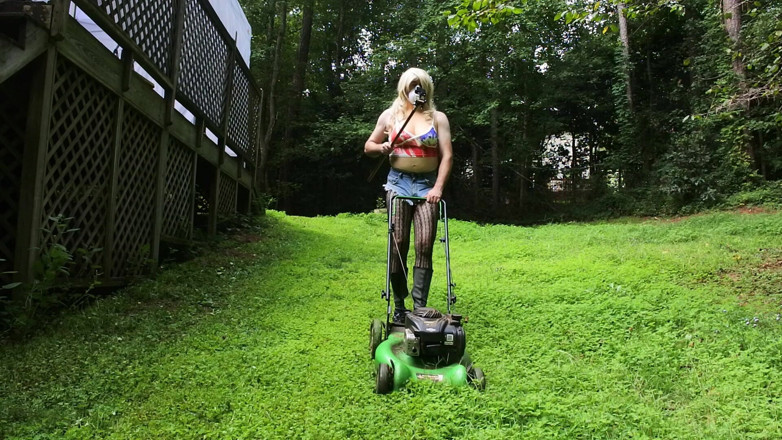 Jon Screcrow: Big Fake Tits Crossdresser in Daisy Dukes Mowing Grass