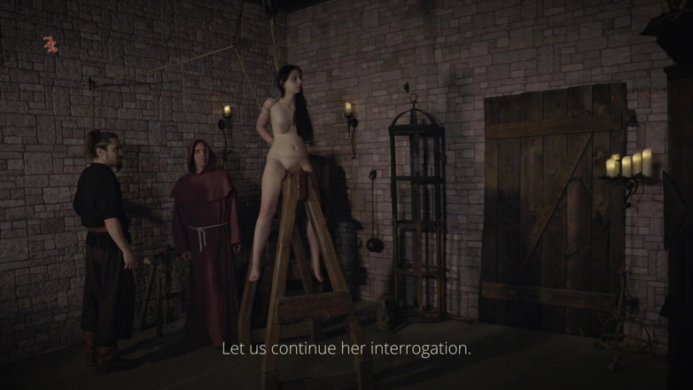 Inquisition and prison world: Accused Witch Writhes on the Sharp Edge of the Wooden...